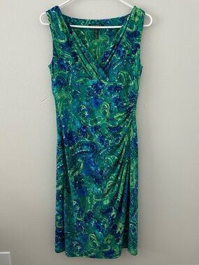 Lauren Ralph Lauren Blue Green Paisley Floral Faux Wrap Dress Women’s 8 Stretch